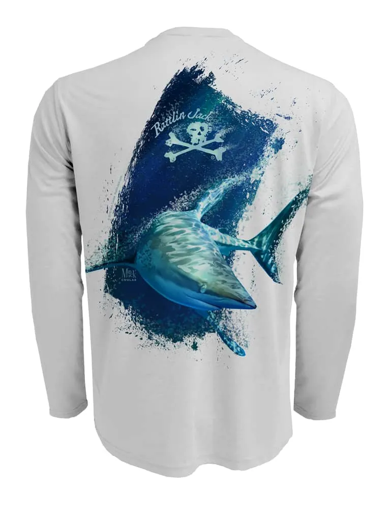 Men's Shark UV Fishing Shirt by Rattlin Jack | Long Sleeve | UPF 50 Sun Protection | Performance Polyester Rash Guard |