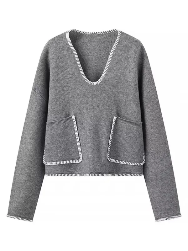 Modern Grey V-Neck Cropped Sweater