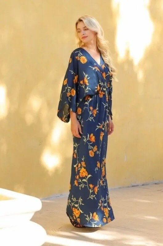 Navy Floral Kimono Tie Front Tassel Maxi Long Dress Womens Cocktail Party