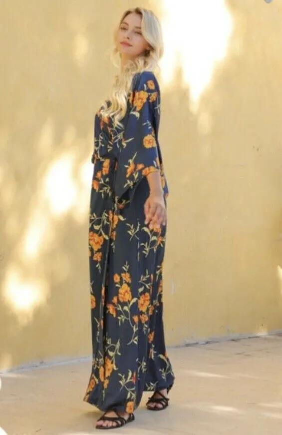 Navy Floral Kimono Tie Front Tassel Maxi Long Dress Womens Cocktail Party