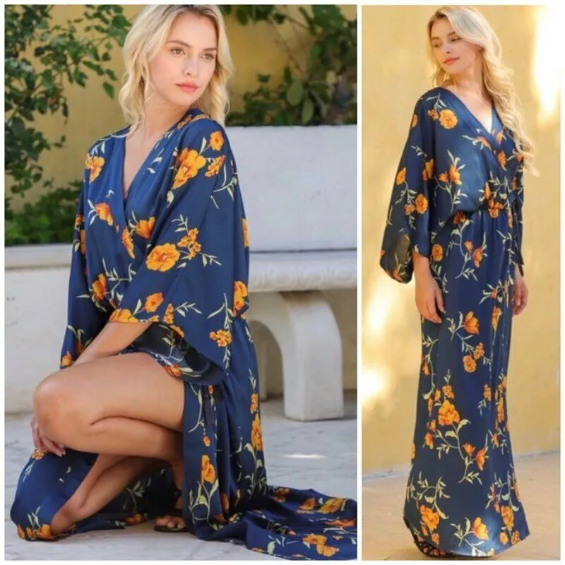 Navy Floral Kimono Tie Front Tassel Maxi Long Dress Womens Cocktail Party