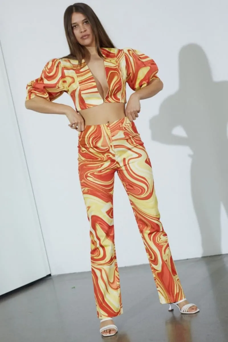 Orange Marble Print Flare Pants And Crop Blazer Set