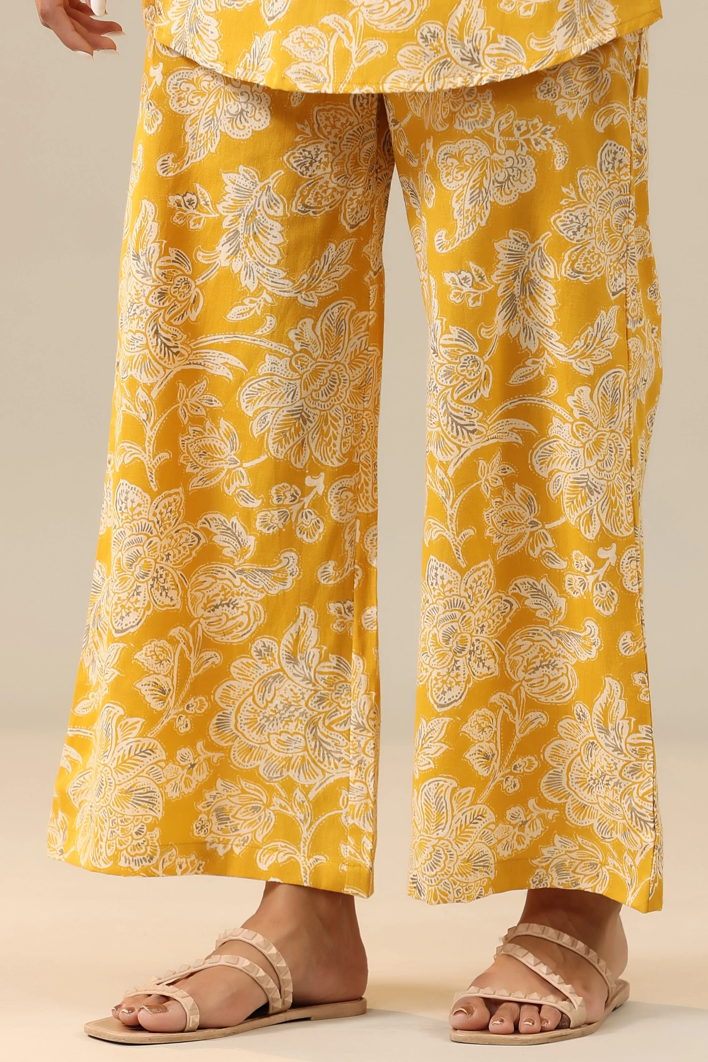 Peony Yellow Cotton Flex Palazzo Loungewear Set