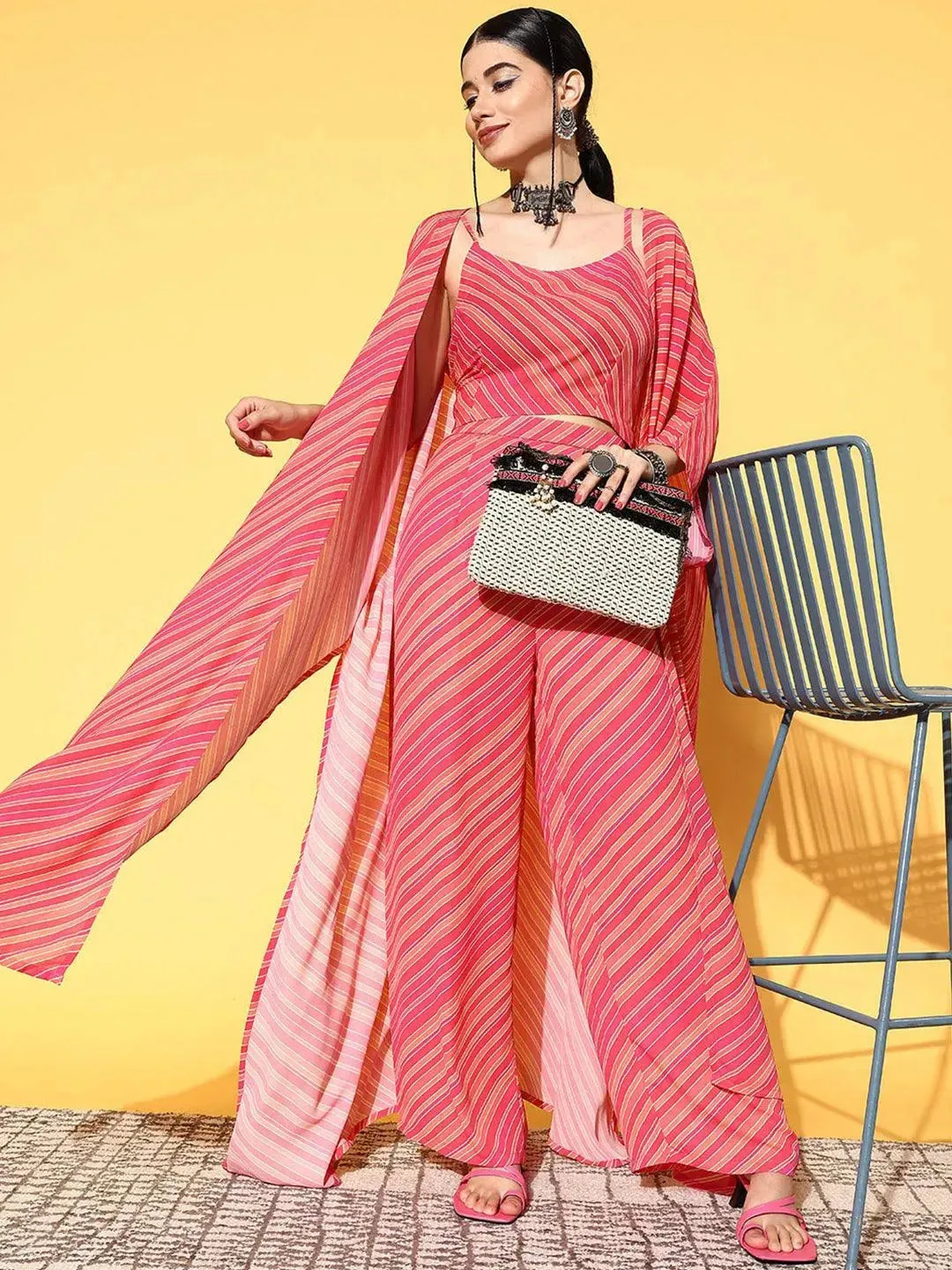 Pink Striped Georgette 3 Piece Co-Ords