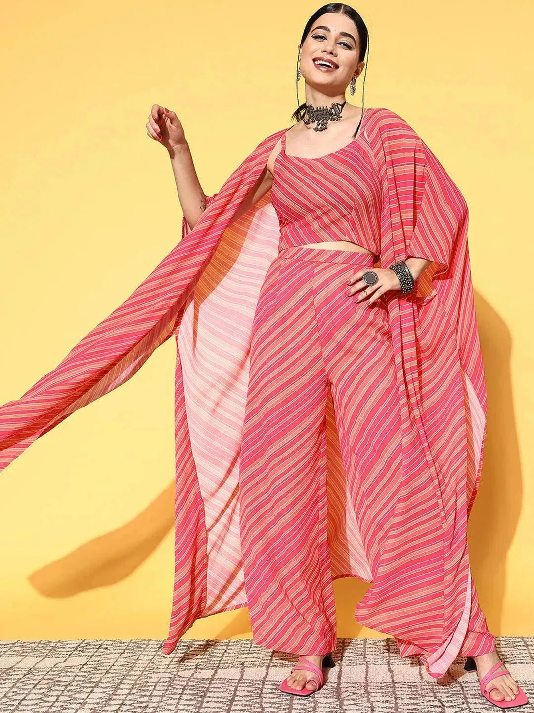 Pink Striped Georgette 3 Piece Co-Ords