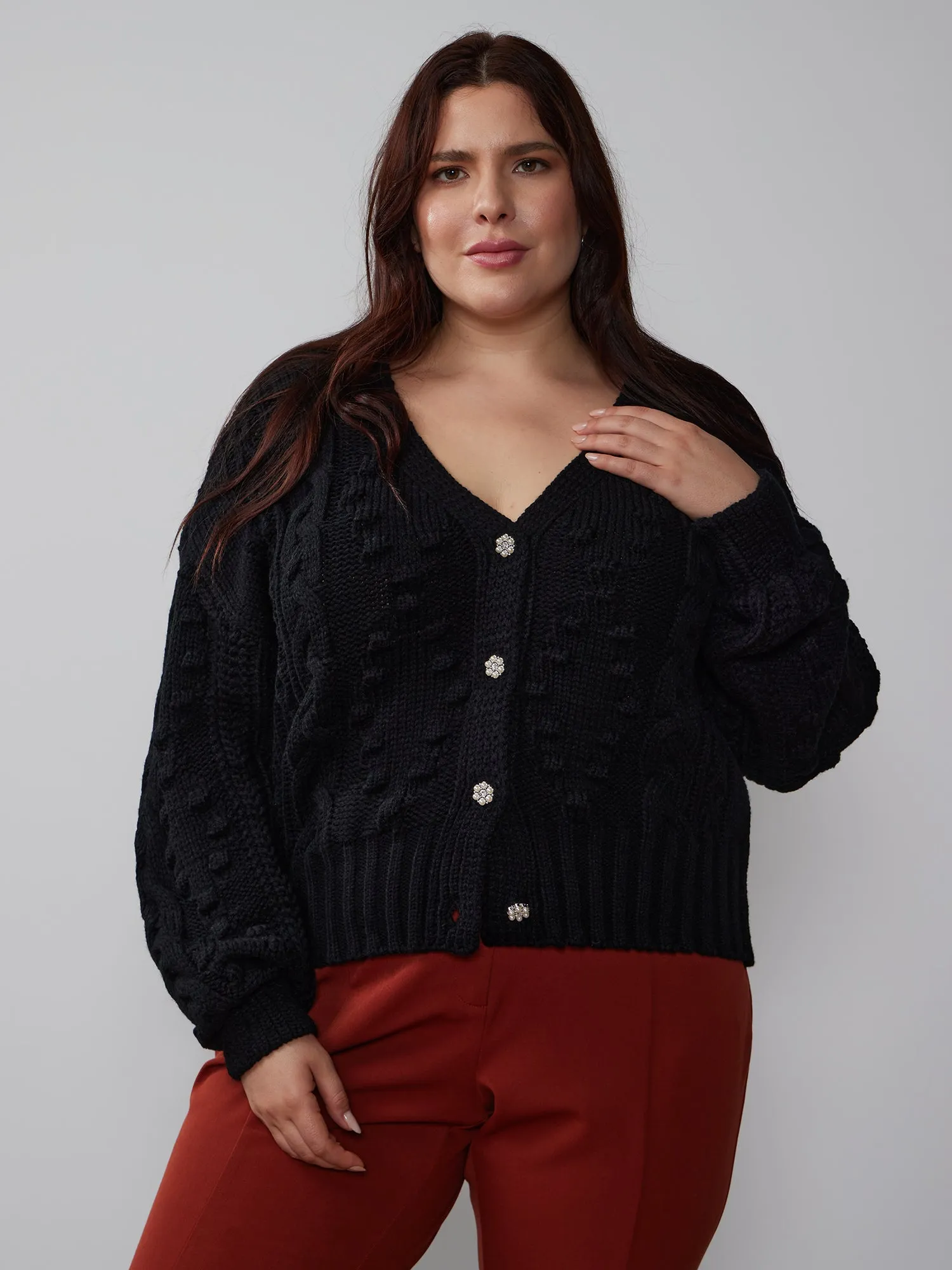 Plus V-Neck Cable Knit Cardigan