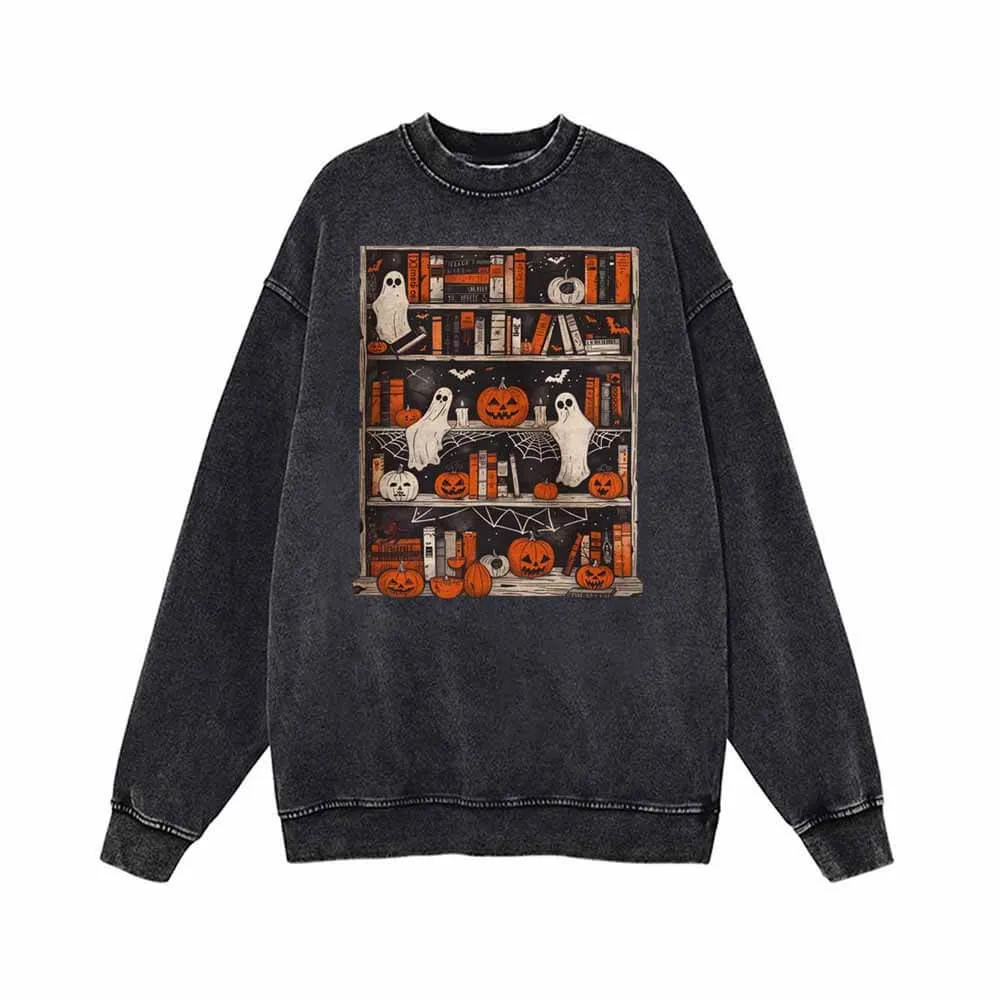 Pumpkin Head Ghost Bookshelf Vintage Washed Hoodie Sweatshirt