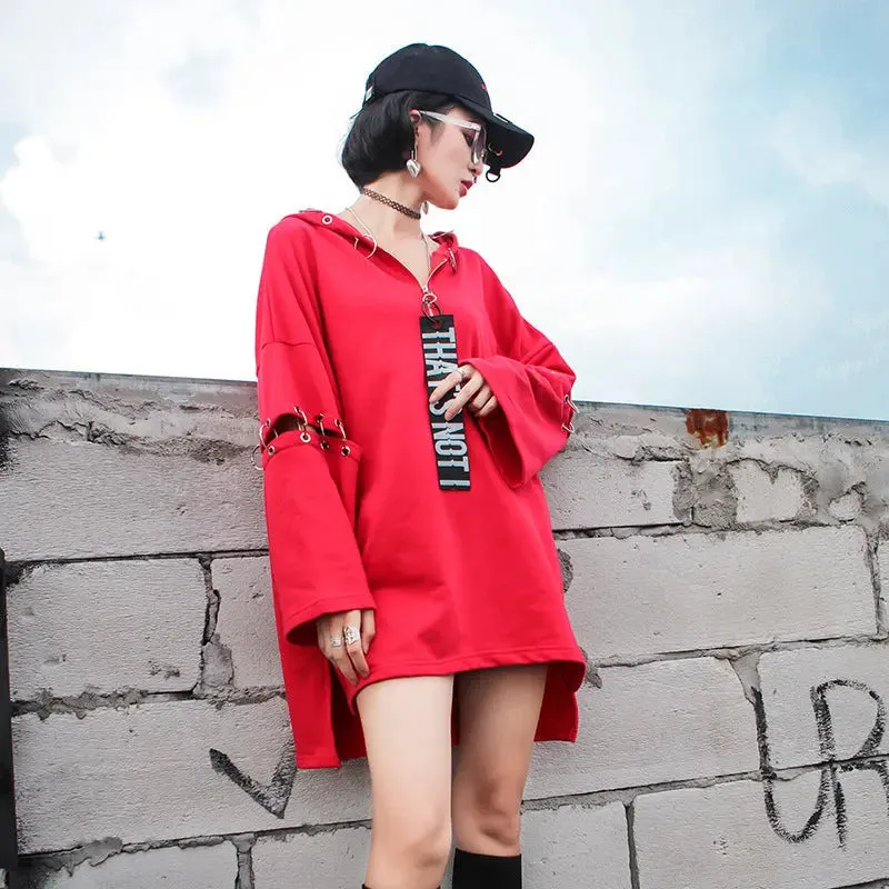 Punky Metal Ring Long Hoodie Dress