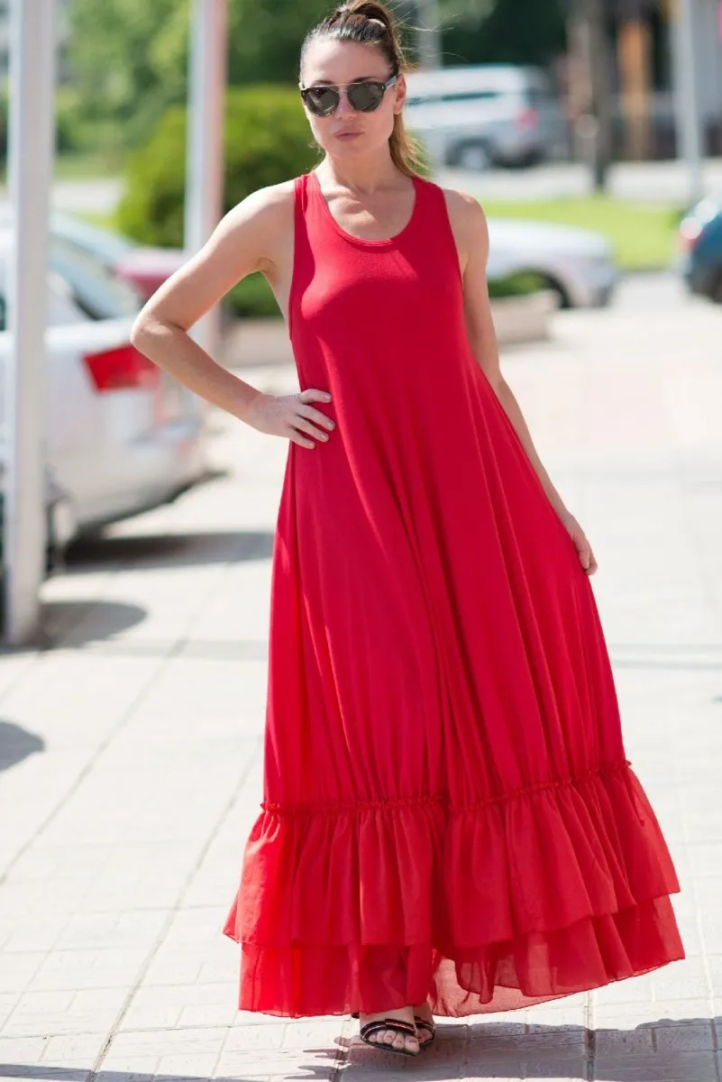 Red Cotton Maxi Dress CARMEN