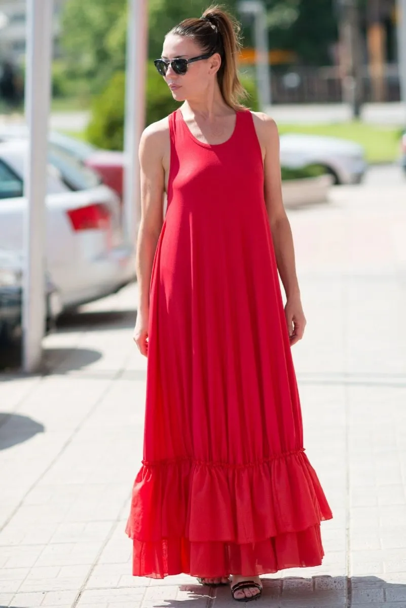 Red Cotton Maxi Dress CARMEN