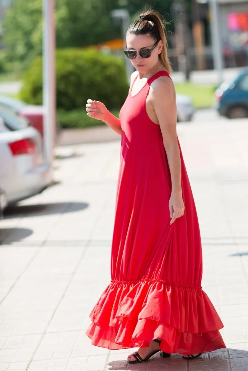 Red Cotton Maxi Dress CARMEN