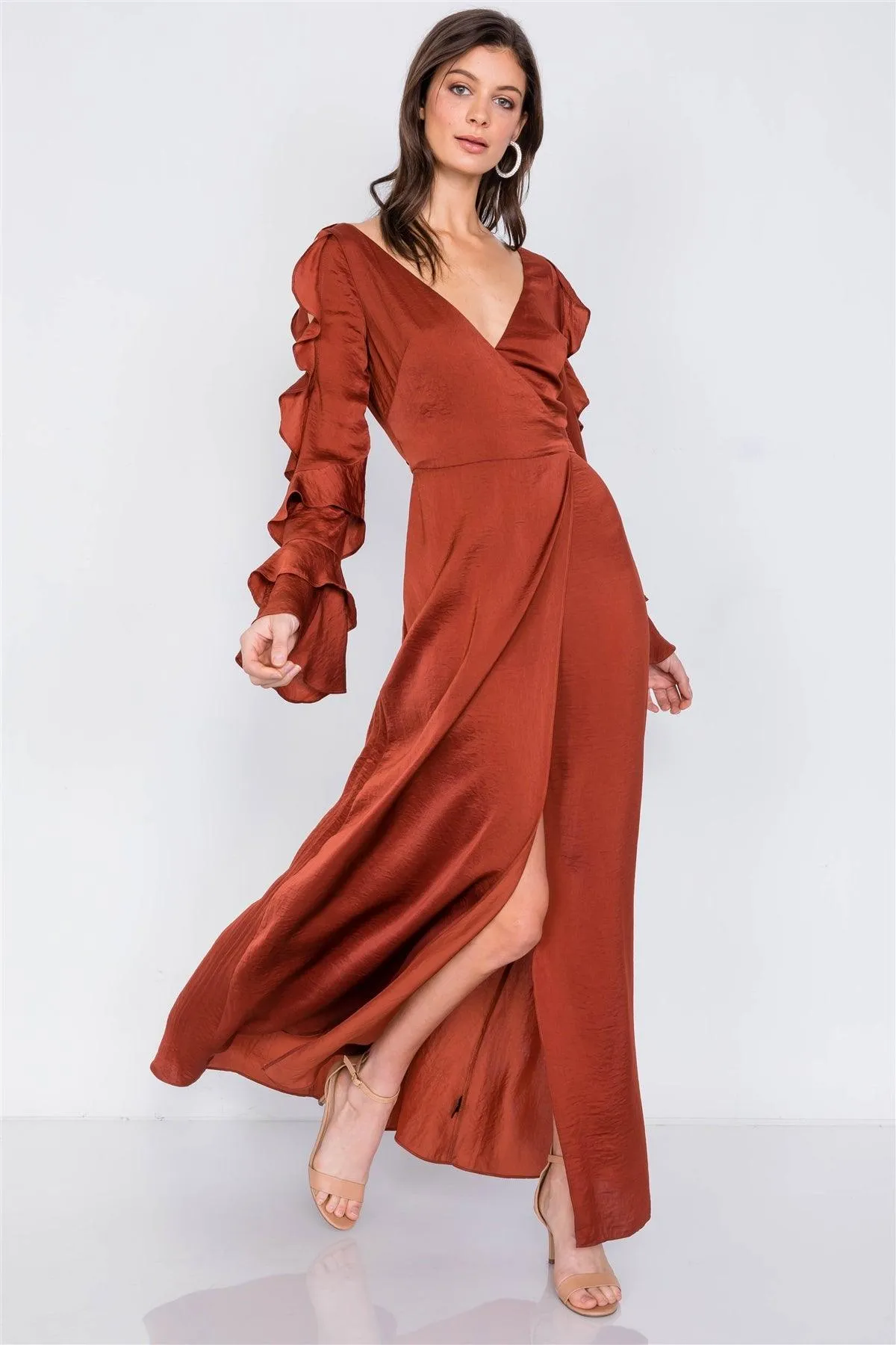 Satin Copper Cold Shoulder Frill Trim Wrap Maxi Dress /3-2-1