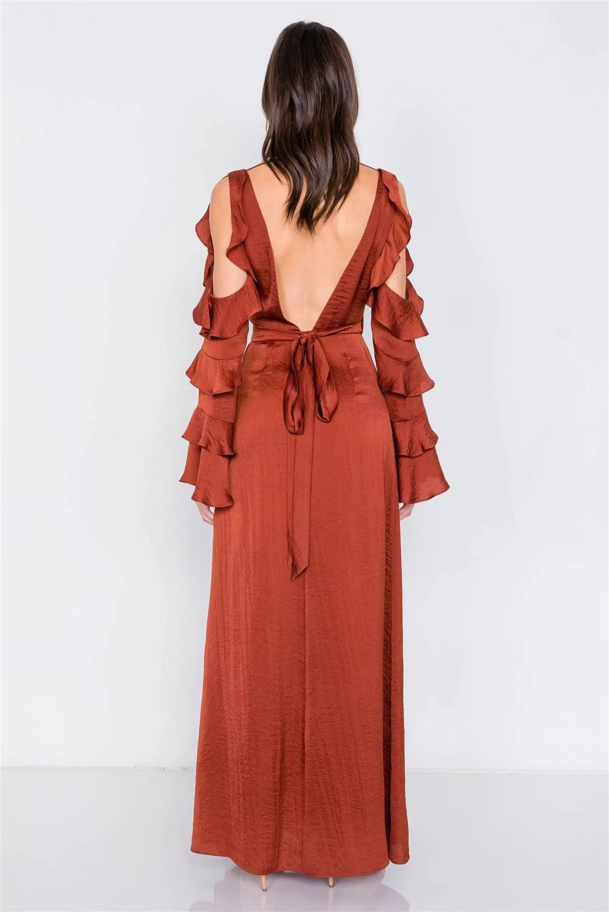 Satin Copper Cold Shoulder Frill Trim Wrap Maxi Dress /3-2-1