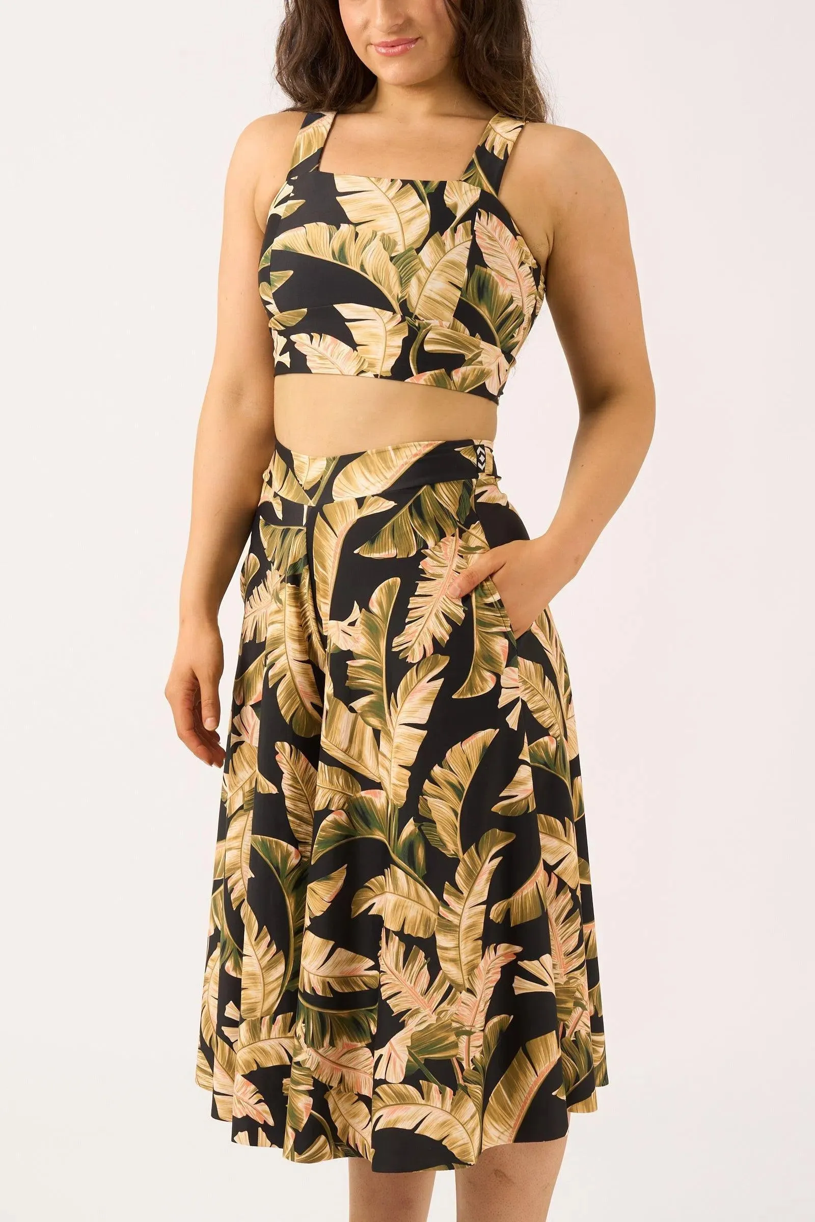 Silky Palazzo Culotte With Pocket - Black Tropical Leaf