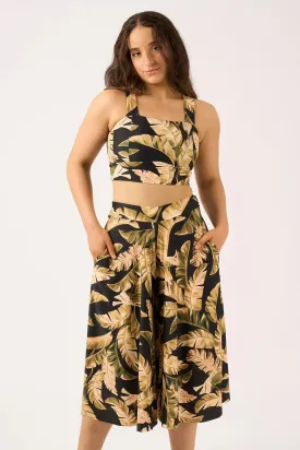 Silky Palazzo Culotte With Pocket - Black Tropical Leaf