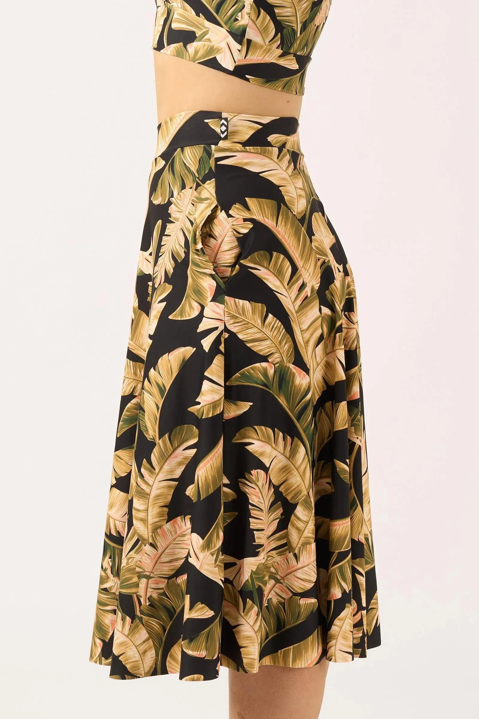 Silky Palazzo Culotte With Pocket - Black Tropical Leaf