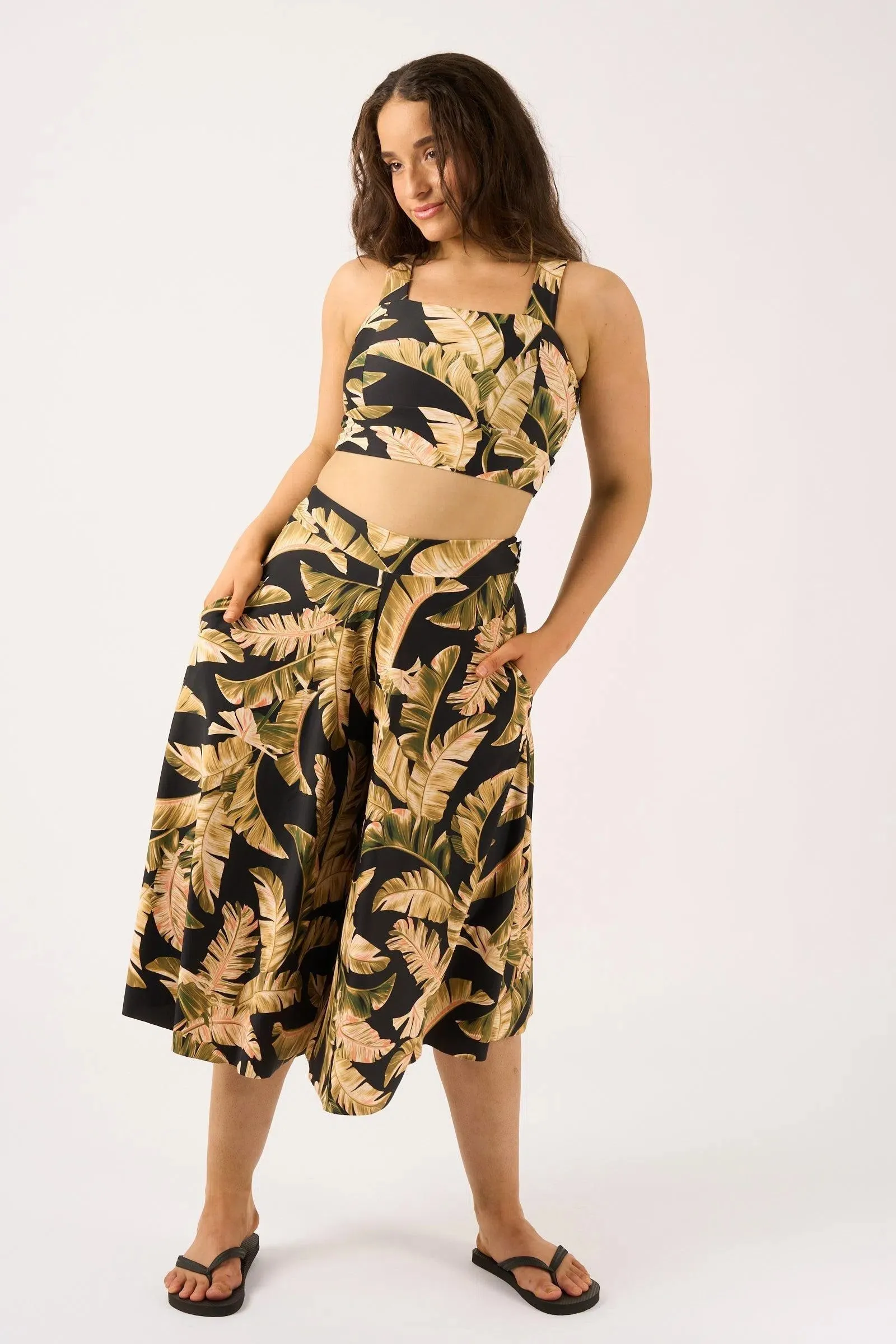 Silky Palazzo Culotte With Pocket - Black Tropical Leaf