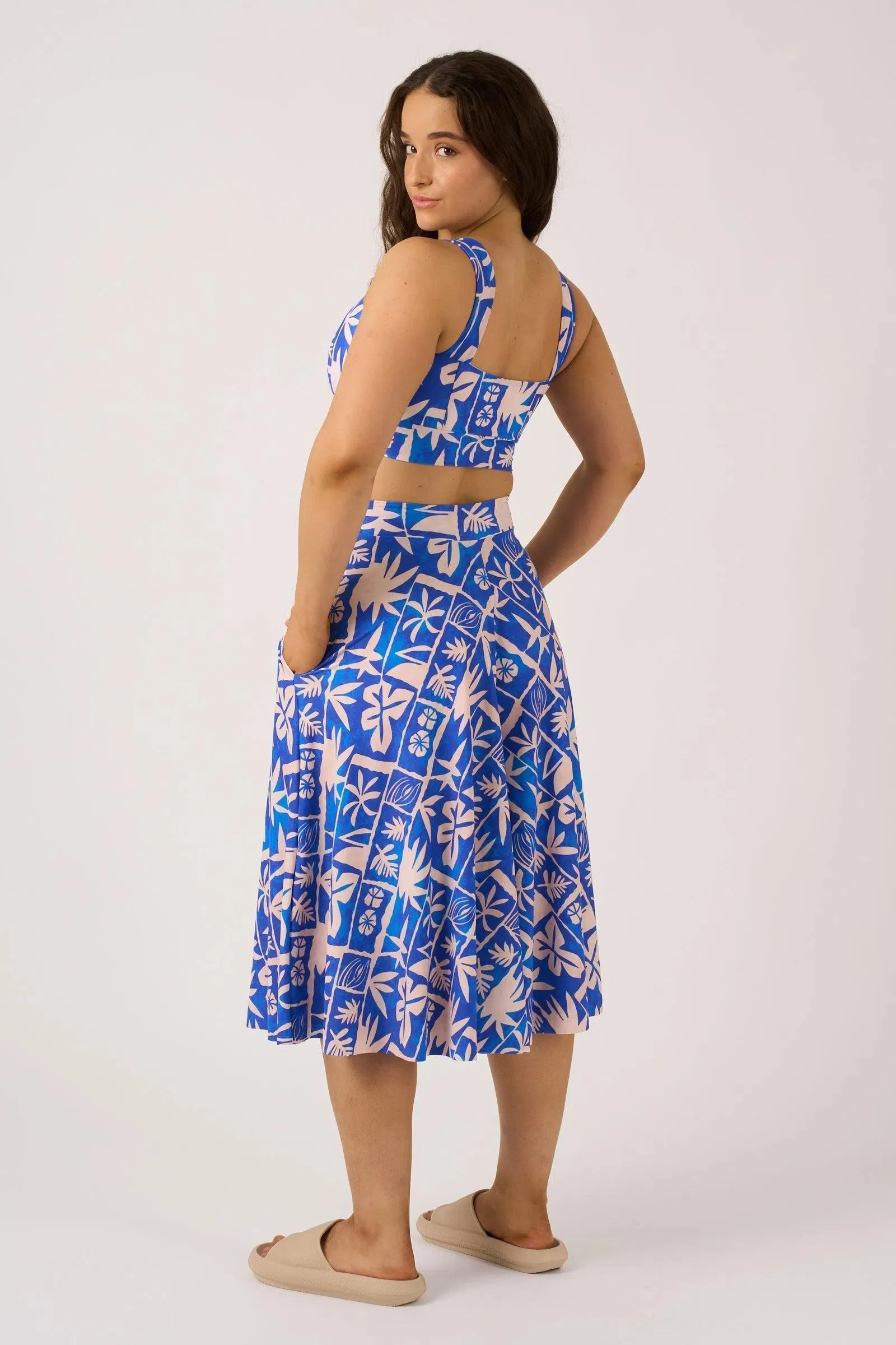 Silky Palazzo Culotte With Pocket - Blue Tiki