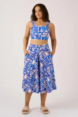 Silky Palazzo Culotte With Pocket - Blue Tiki