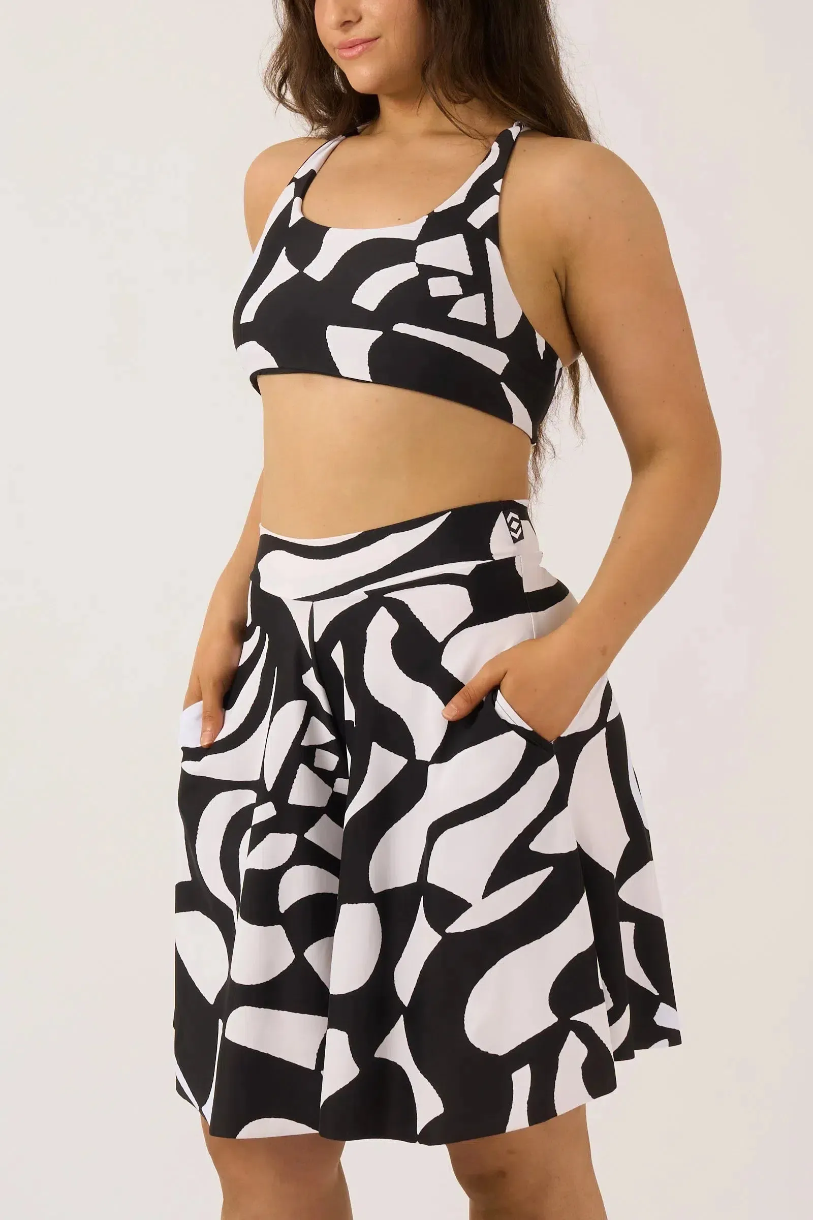 Silky Palazzo Short With Pocket - Black Geo Waves