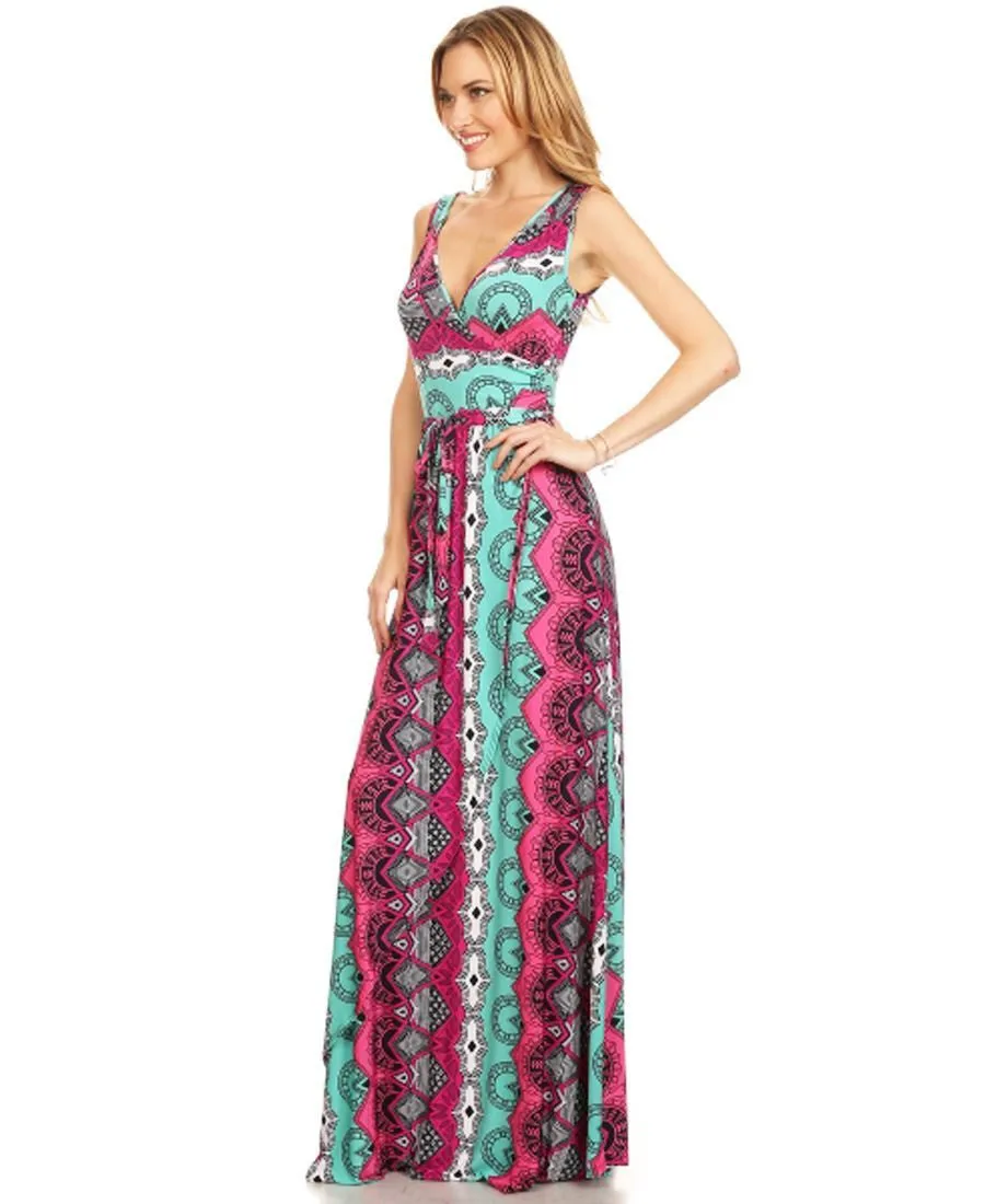 Sleeveless Paris Maxi Dress Retro Tribal Pink Teal