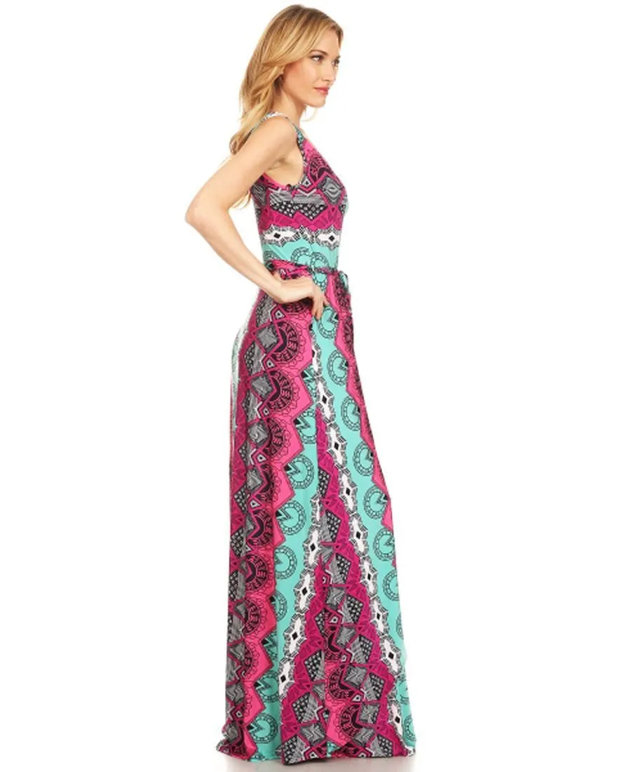 Sleeveless Paris Maxi Dress Retro Tribal Pink Teal