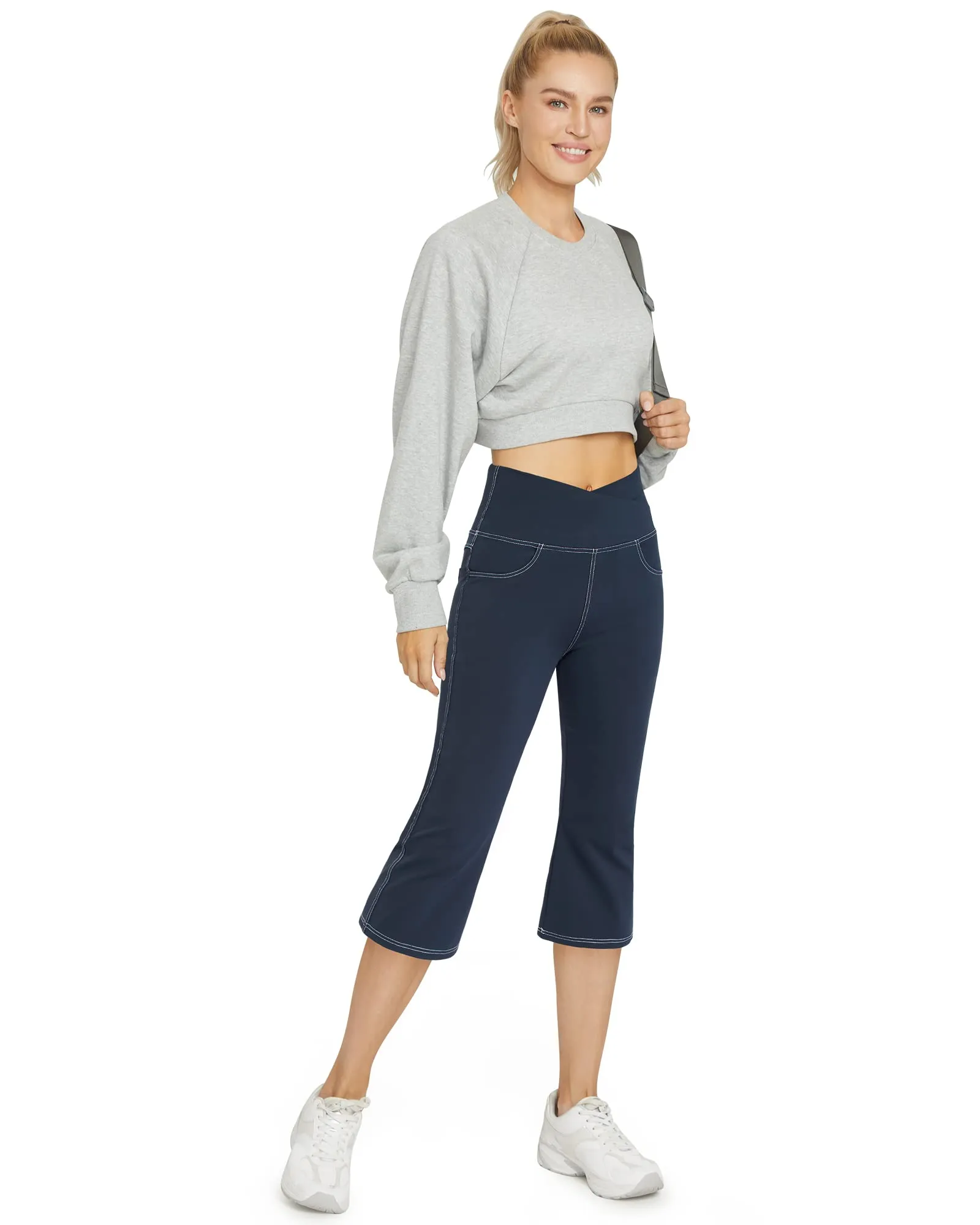 Stretch Crossover Waist Capri Flare Casual Pants