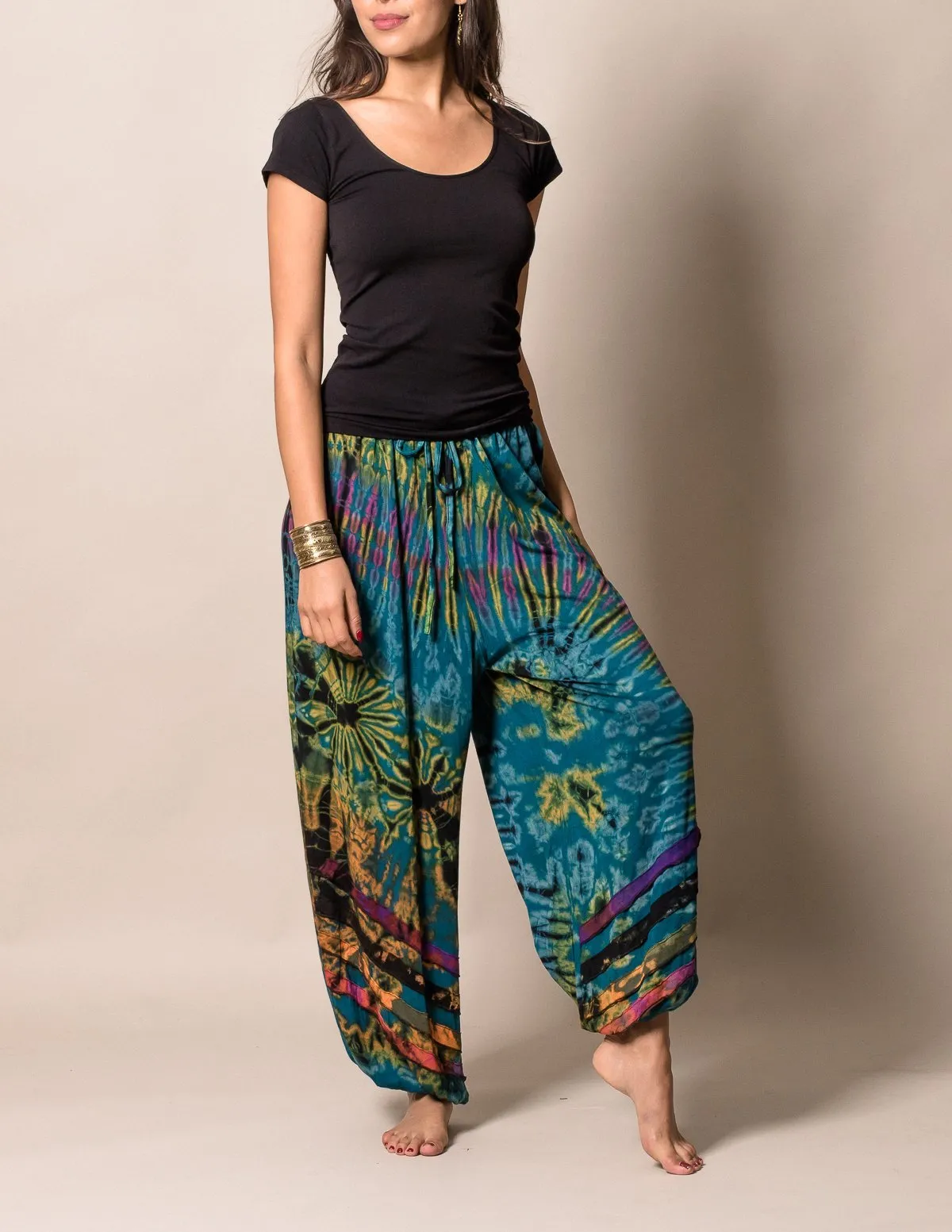 Tie-Dye Drawstring Harem Pants - Teal