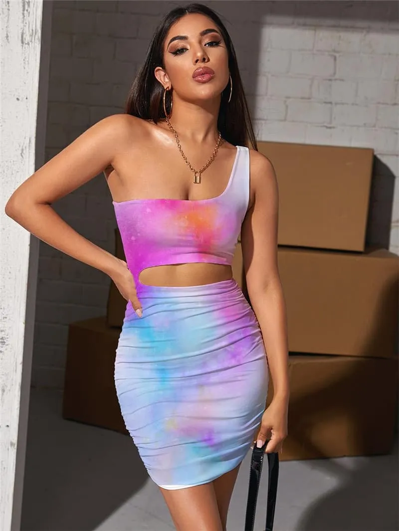 Tie Dye Dress Women Colorful Hollow out Dresses Psychedelic Pleating Colour Vestido Sexy