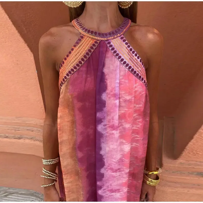 Tie Dye Sequins Pink Maxi Dress