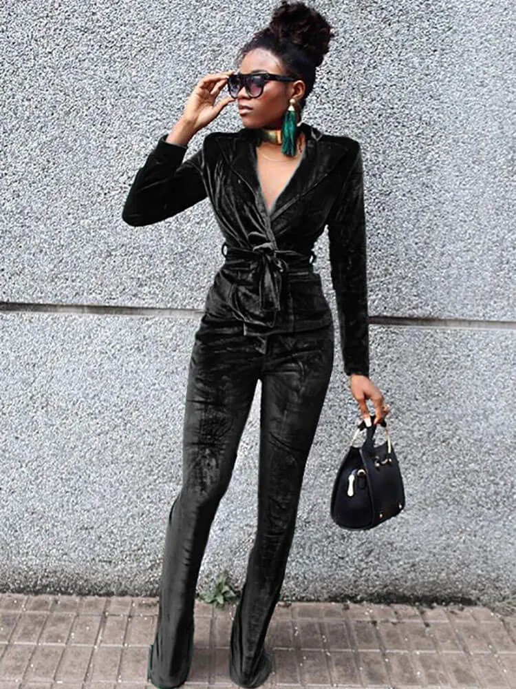 Two Piece Velvet V Neck Long Sleeve Jacket & Pants