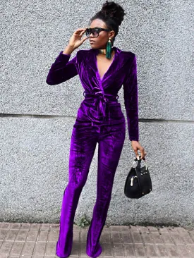 Two Piece Velvet V Neck Long Sleeve Jacket & Pants