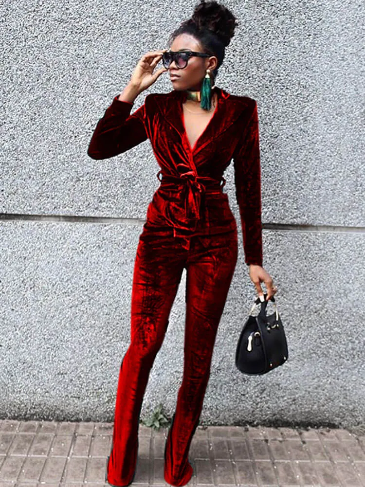 Two Piece Velvet V Neck Long Sleeve Jacket & Pants