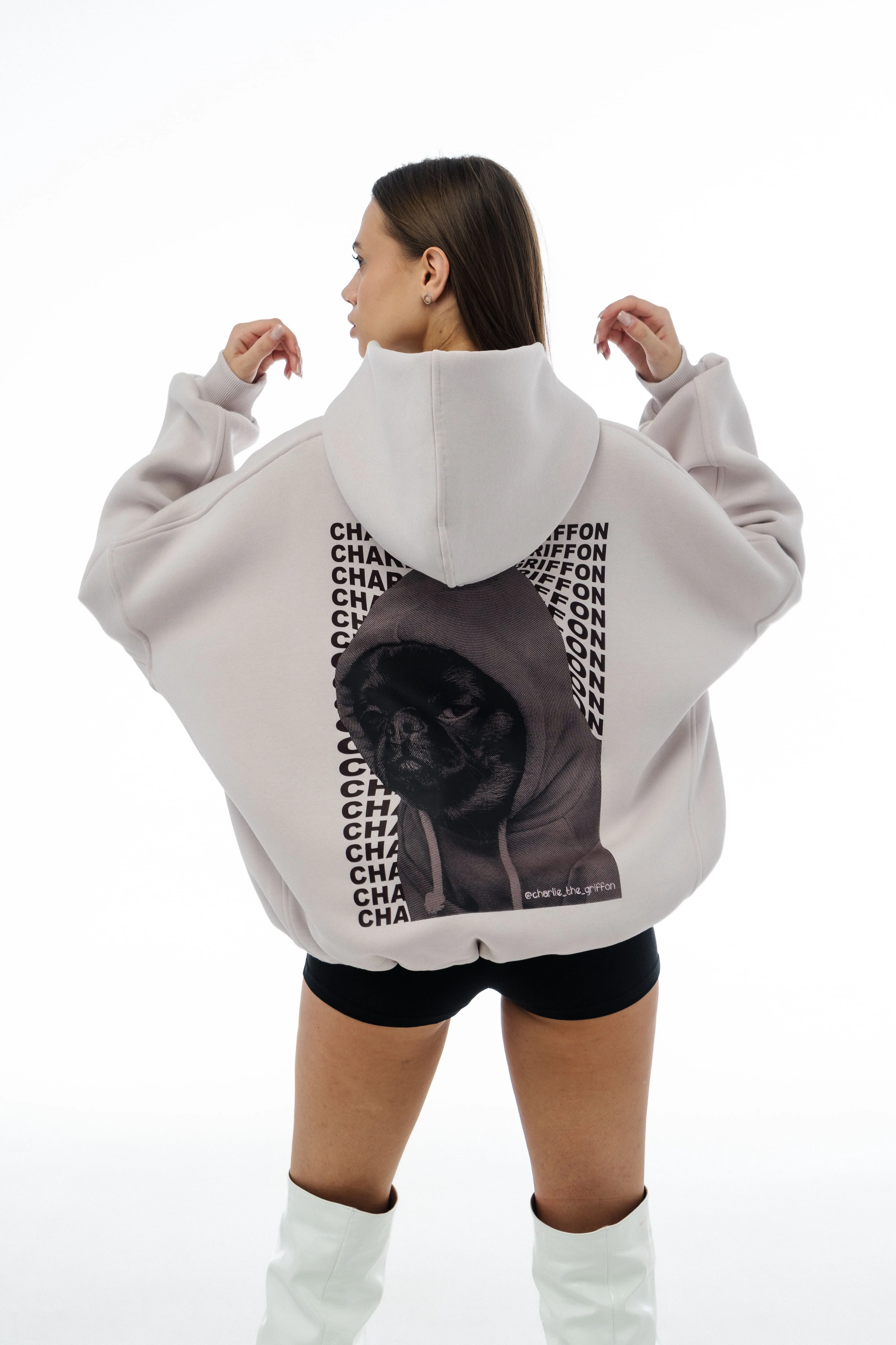 Unisex Oversized Fleece Hoodie with Exclusive Charlie Griffon Print – White Sand Color