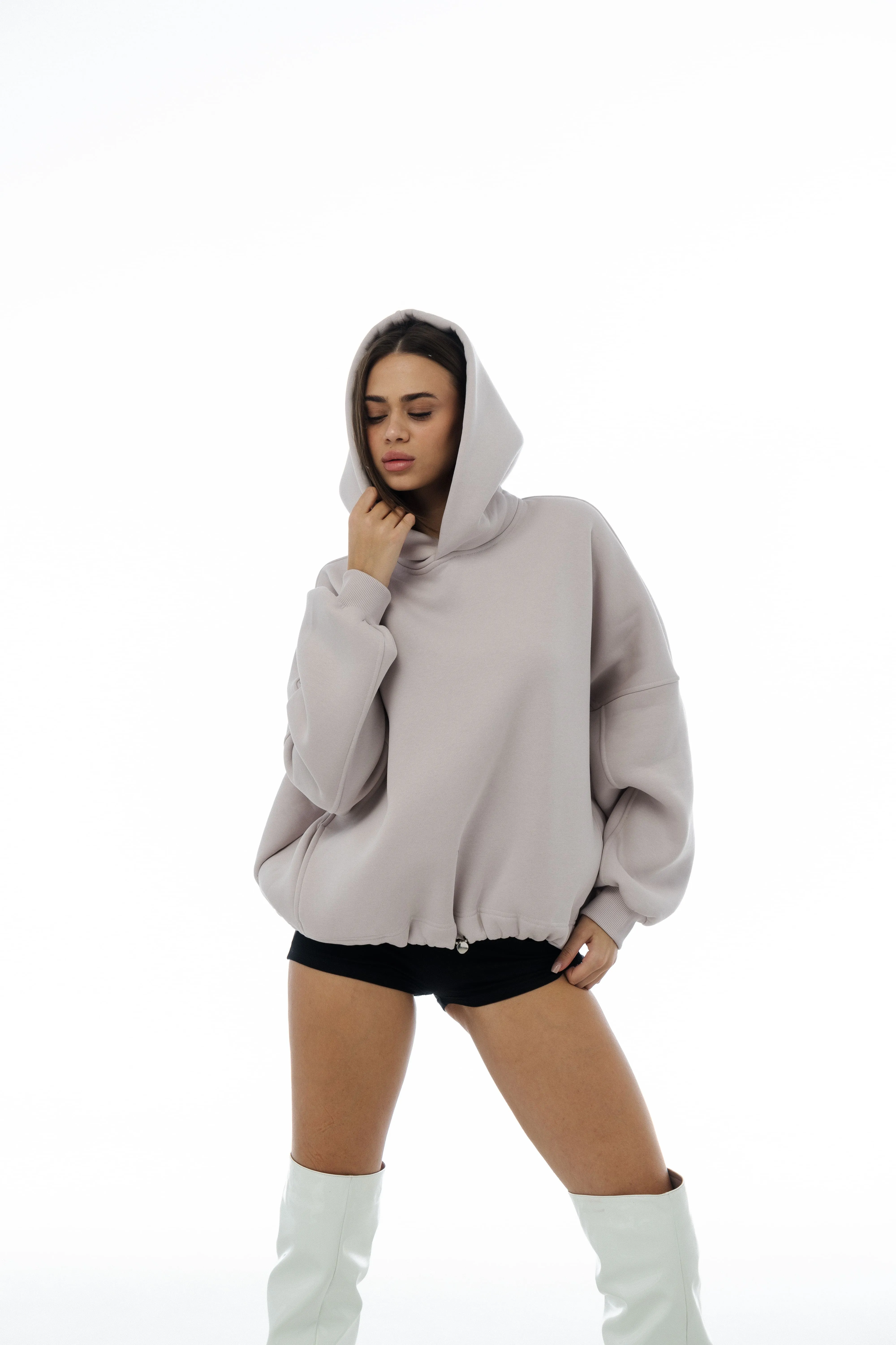 Unisex Oversized Fleece Hoodie with Exclusive Charlie Griffon Print – White Sand Color