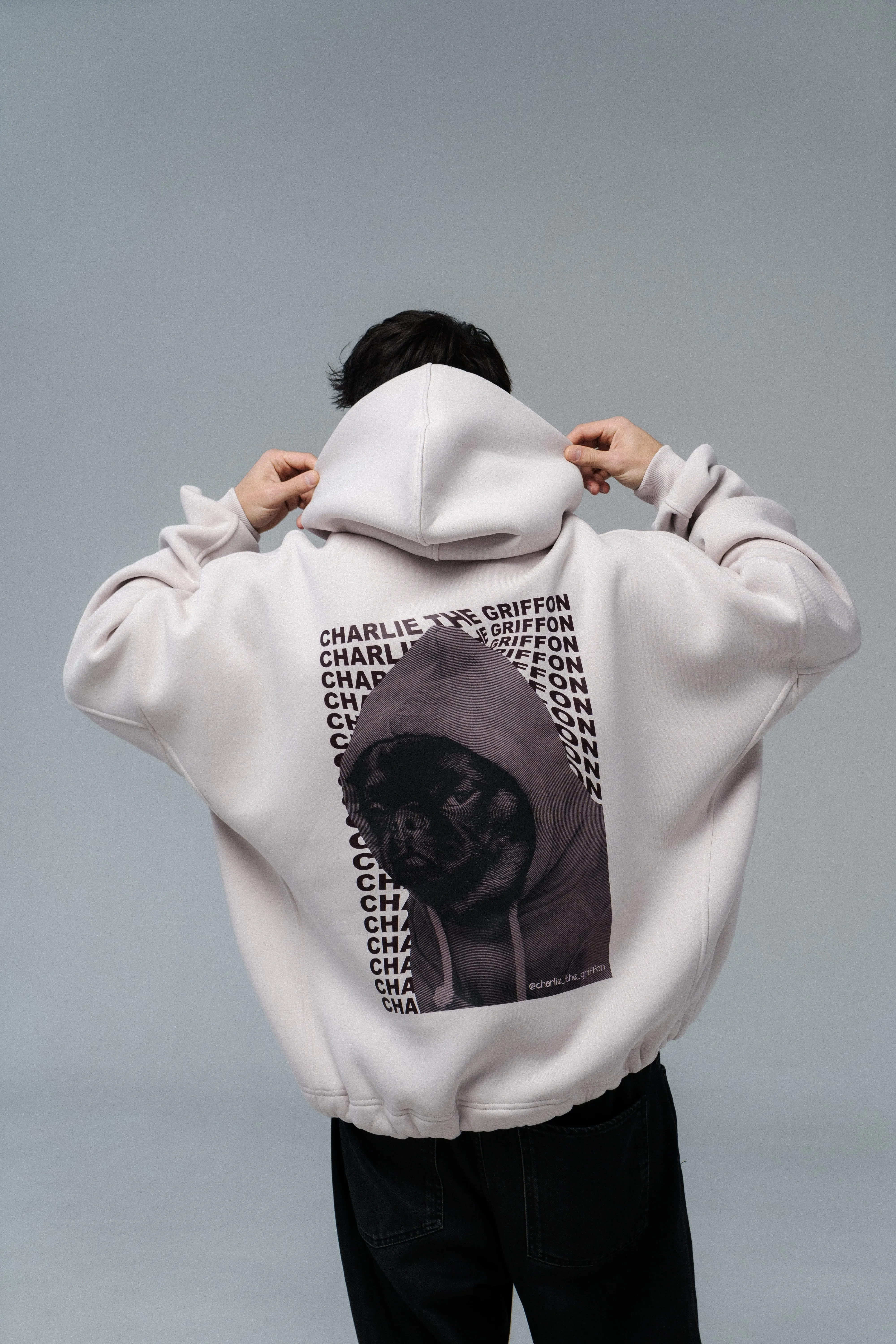 Unisex Oversized Fleece Hoodie with Exclusive Charlie Griffon Print – White Sand Color