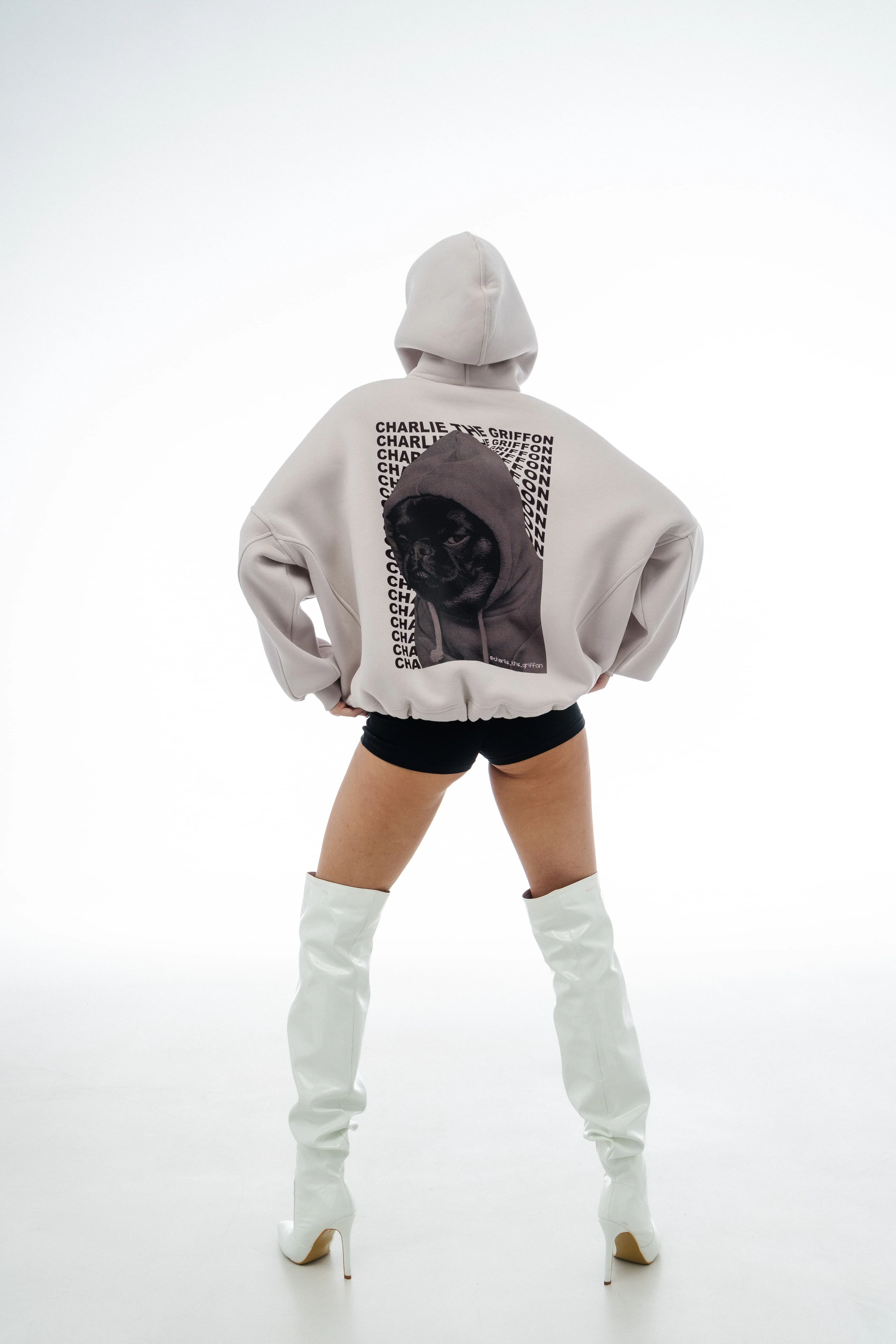 Unisex Oversized Fleece Hoodie with Exclusive Charlie Griffon Print – White Sand Color