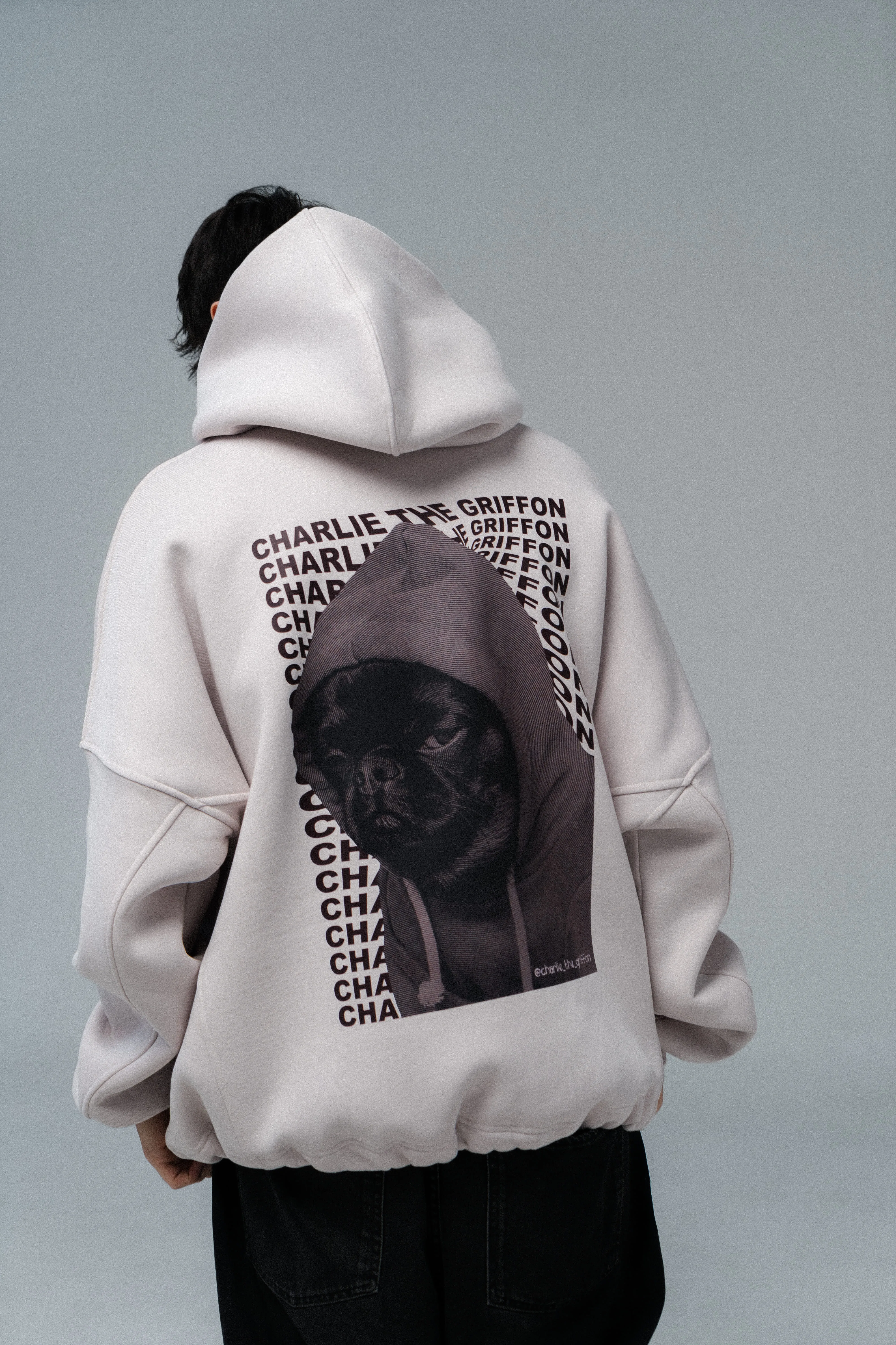 Unisex Oversized Fleece Hoodie with Exclusive Charlie Griffon Print – White Sand Color