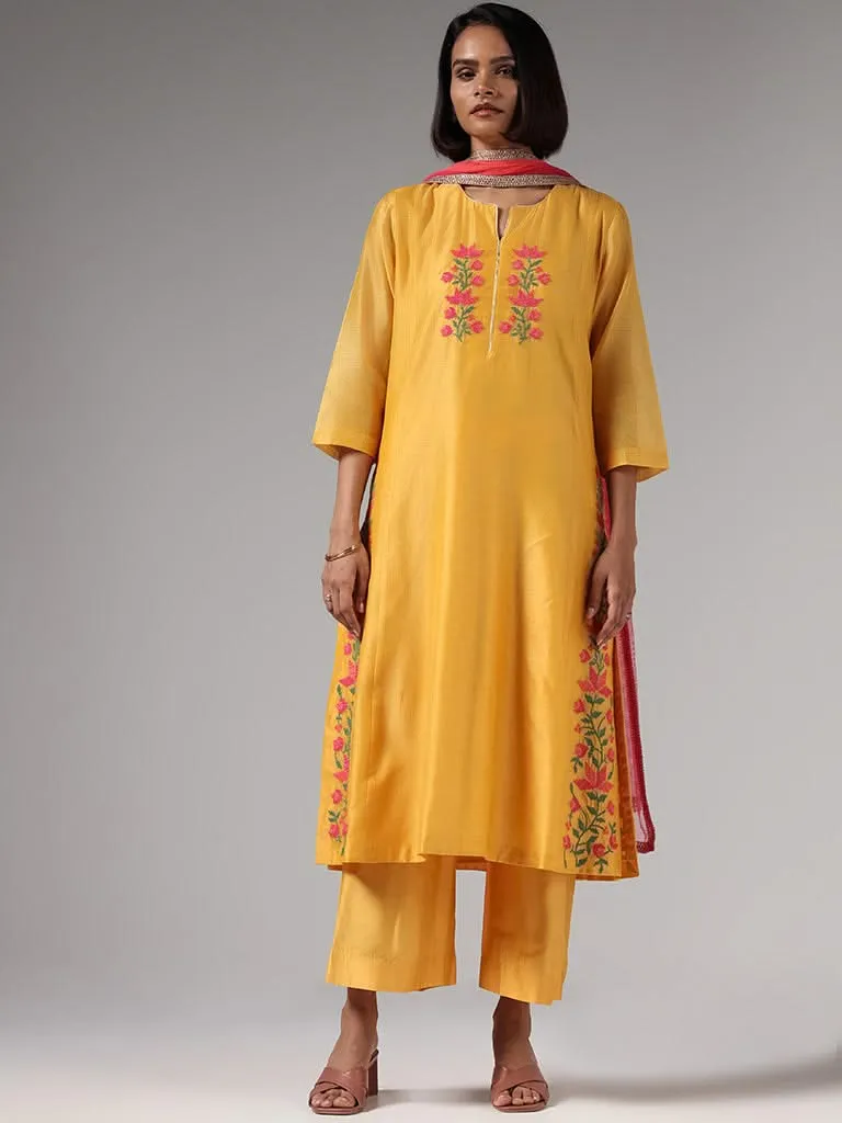 Vark Yellow Floral Embroidery Kurta, Palazzos & Dupatta Set