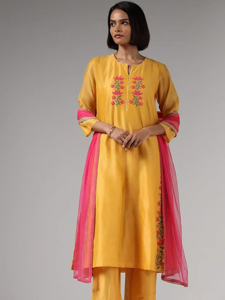 Vark Yellow Floral Embroidery Kurta, Palazzos & Dupatta Set