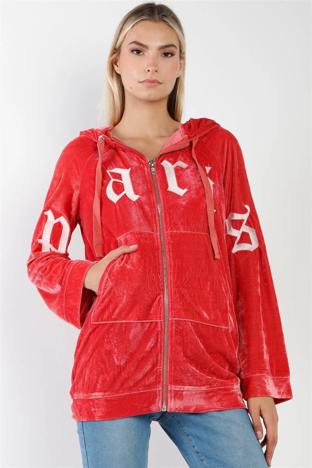 Velvet Graphic Letters Zip Up Hoodie Sweatshirt /3-2-1