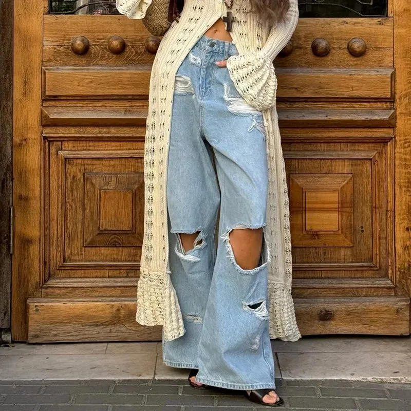 Vevesc Y2k High Rise Ripped Jeans Boyfriend Distressed Baggy Hole Flare Pants American Retro Loose Fit Bell Bottom Denim Pants Women