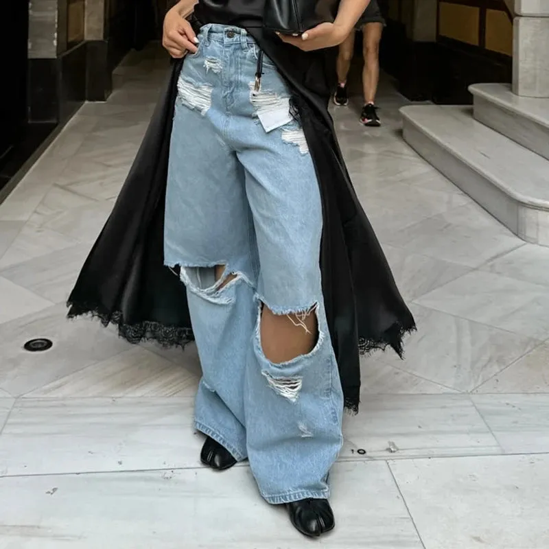 Vevesc Y2k High Rise Ripped Jeans Boyfriend Distressed Baggy Hole Flare Pants American Retro Loose Fit Bell Bottom Denim Pants Women