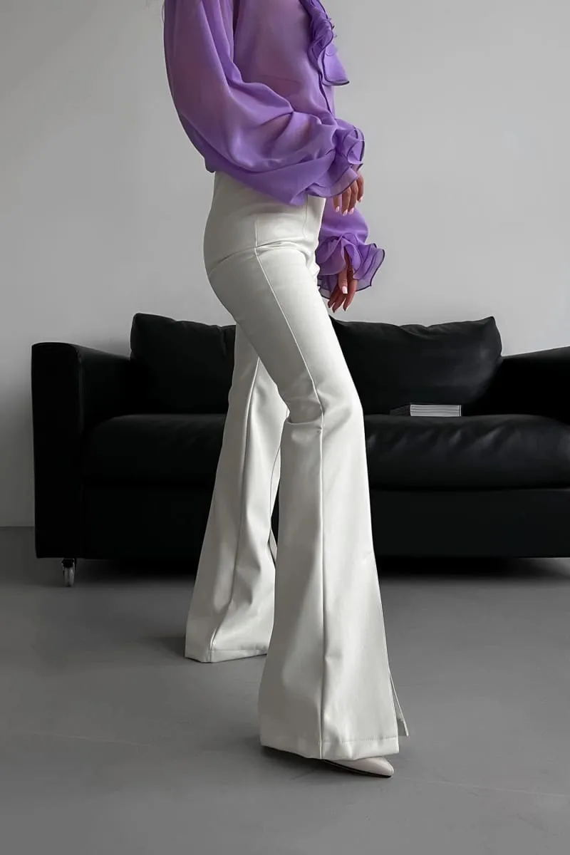 White Split Hem Flare Leather Pants