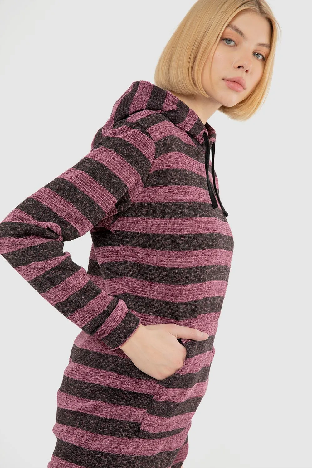 Wild Striped Velvet Long Hoodie - Kady