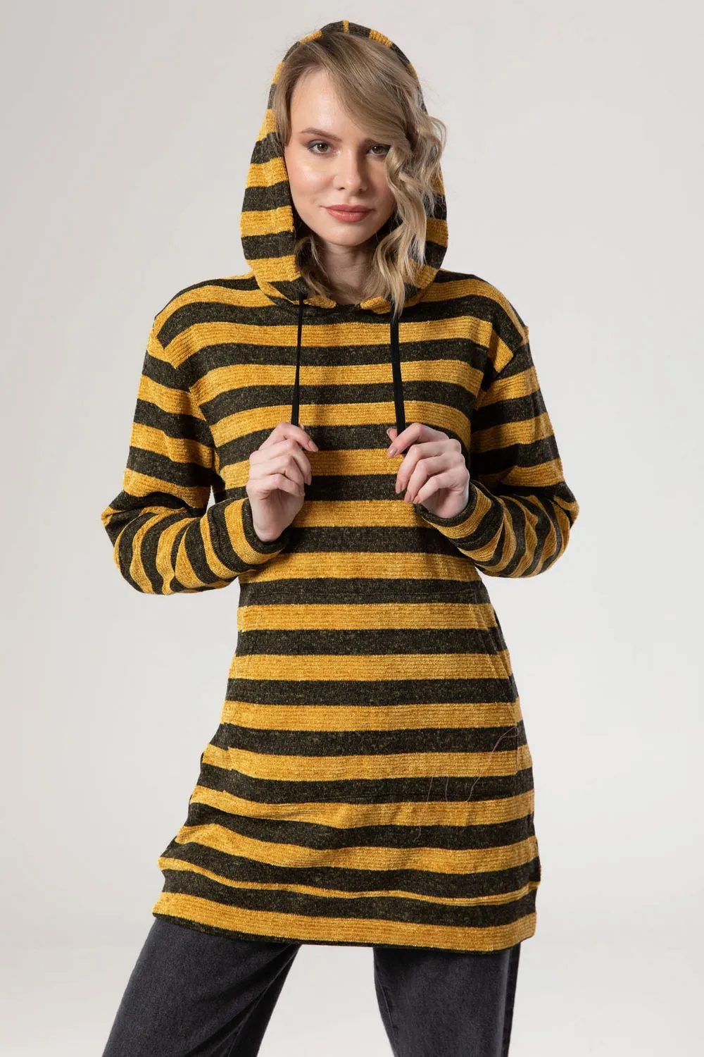 Wild Striped Velvet Long Hoodie - Kady