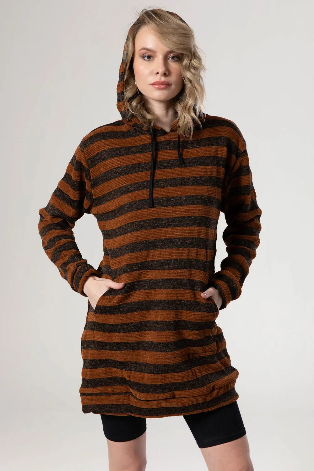 Wild Striped Velvet Long Hoodie - Kady