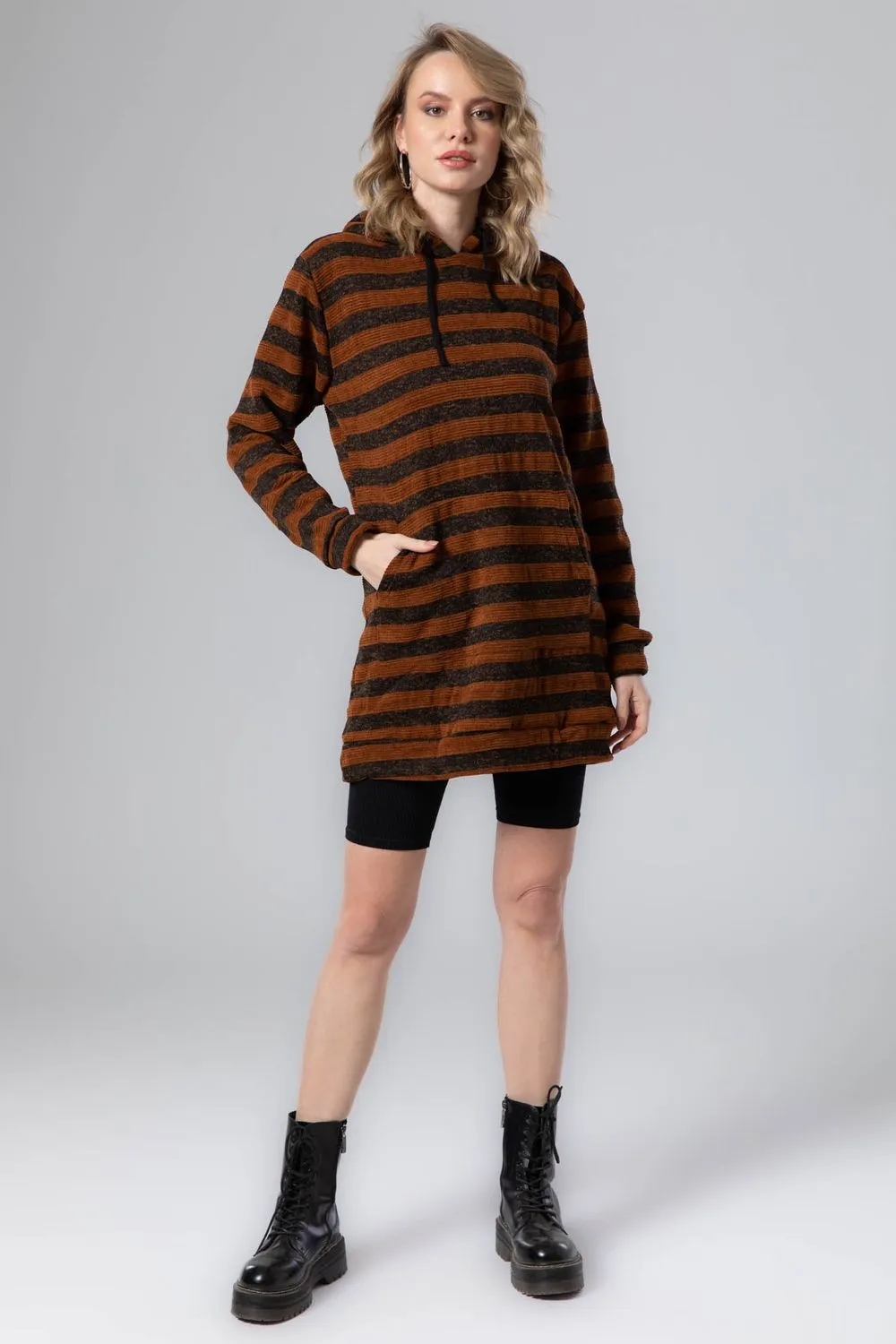 Wild Striped Velvet Long Hoodie - Kady