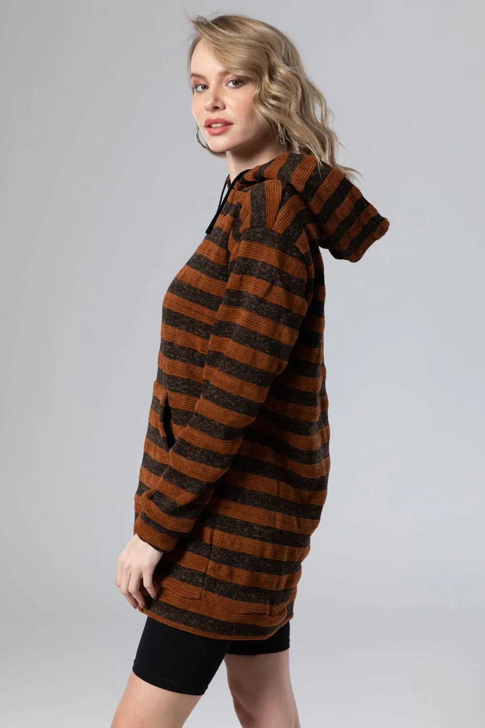 Wild Striped Velvet Long Hoodie - Kady