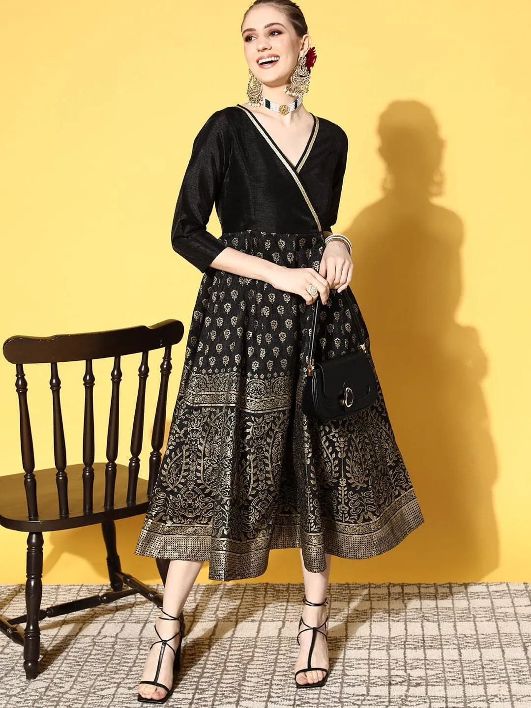 Women Black Paisley Foil Print Wrap Anarkali Dress